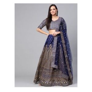 Navy Blue Embroidered Semi Stitched Lehenga And Unstitched Blouse
